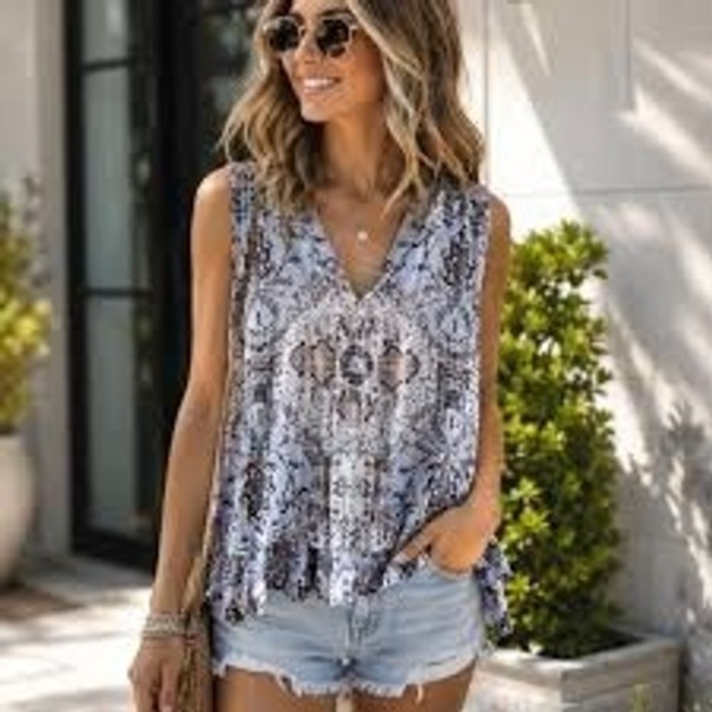 Free People Sleeveless V-Neck Boho Medallion Paisley High Low Blouse Blue M